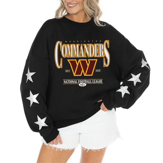 Women's Washington Commanders Gameday Couture Black Rhinestone Star Sleeve Settle the Score Oversized Tri-Blend Pullover(Run Small)